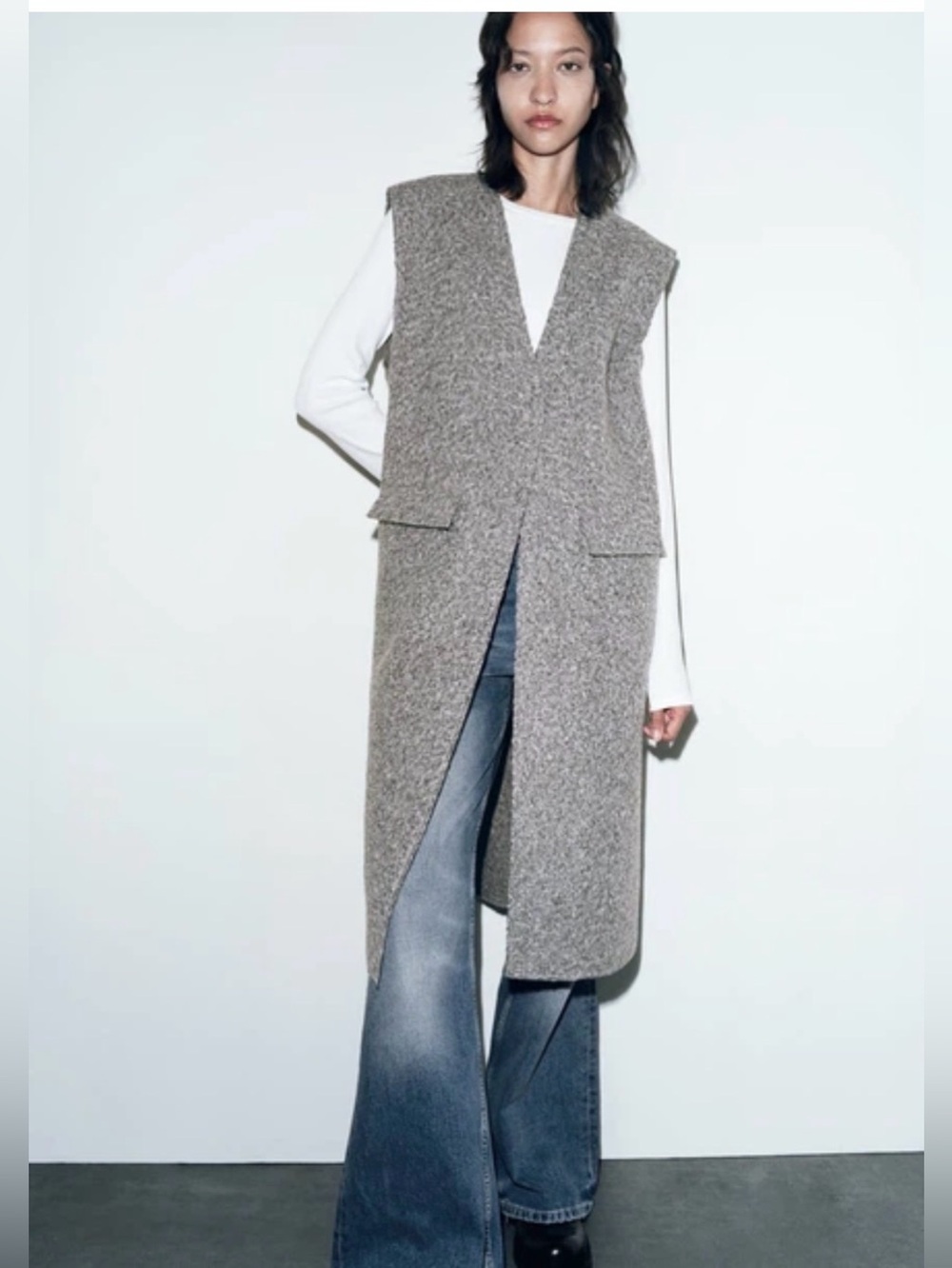 ZARA Long Grey Bouclé Vest Coat size medium